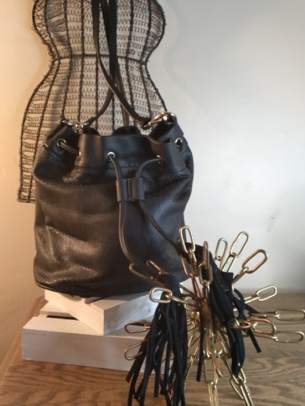 Black Leather  Drawstring Bucket Bag - w-Tassles